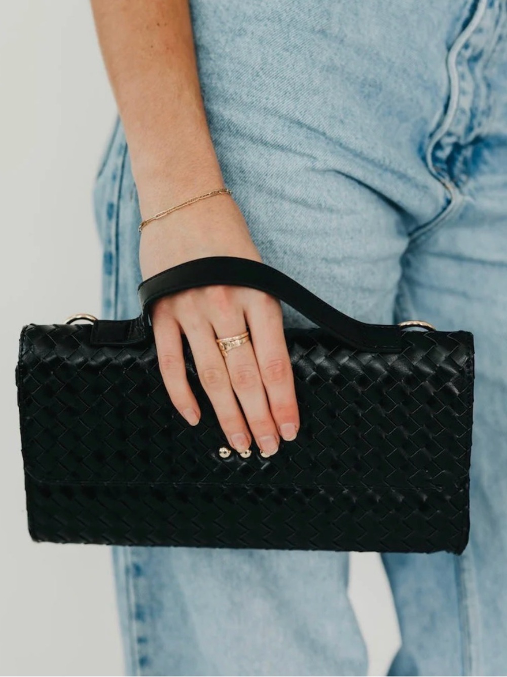 Pretty Simple Black Woven Clutch Top Handle Crossbody Bag NWT